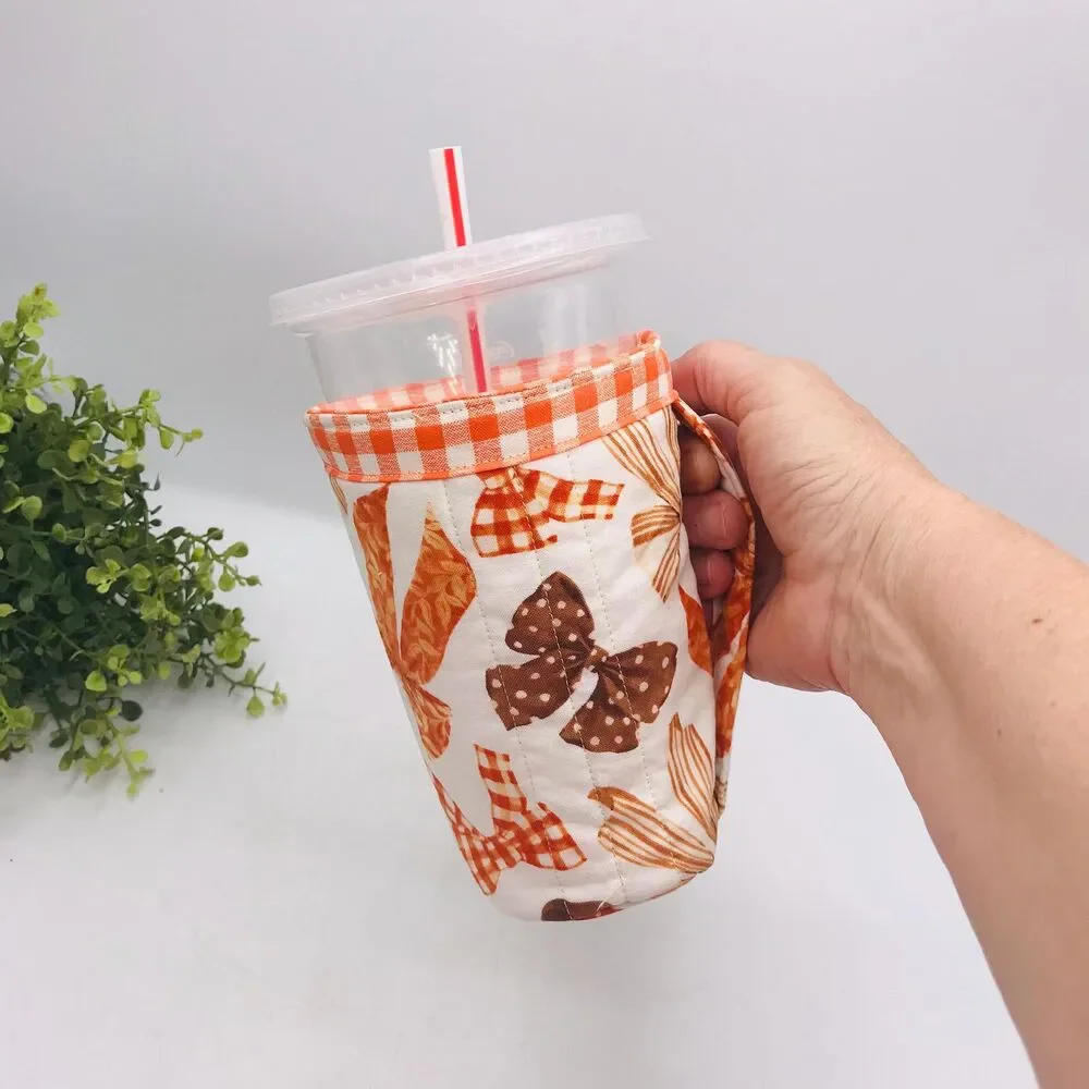 Drink Coozie w Handle Hot or Iced Drinks Cozy Insulated Fall Bows on Cream